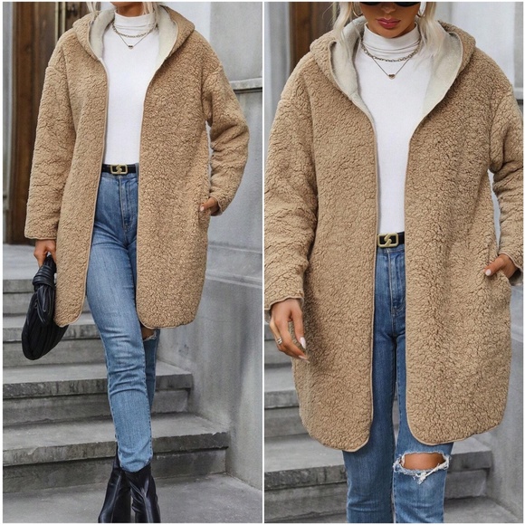 Cozy Teddy Open Front Hoodie Jacket Coat - Picture 2 of 4